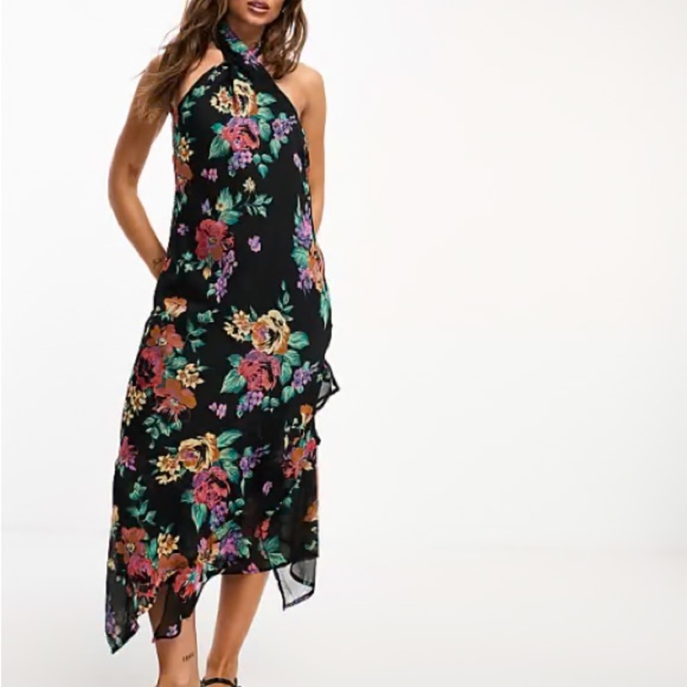 River Island Black Floral Asymmetrical Dress